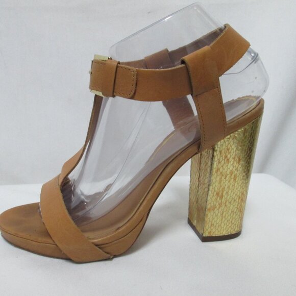 ASH Rachel tan gold buckle platform block heels sandals Size Sz 39 8 - Picture 7 of 11